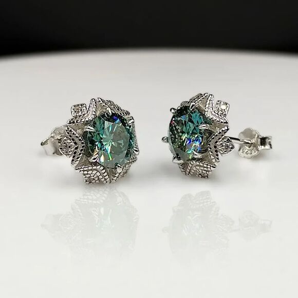 Certified 2ct Blue Green Moissanite Luxury Stud Earrings - Picture 3 of 8